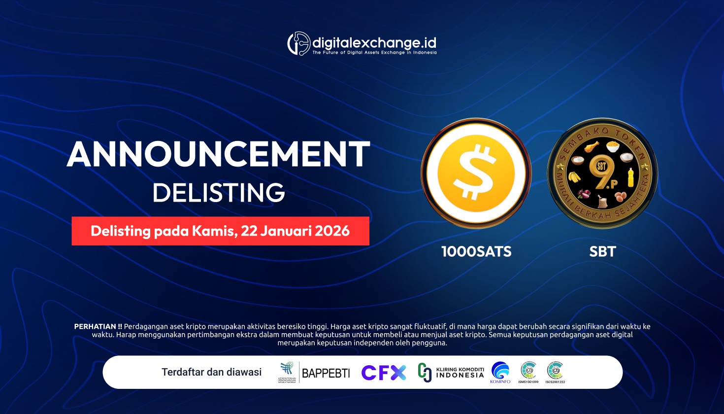 Pengumuman Delisting Aset 1000SATS & Sembako Token (SBT)